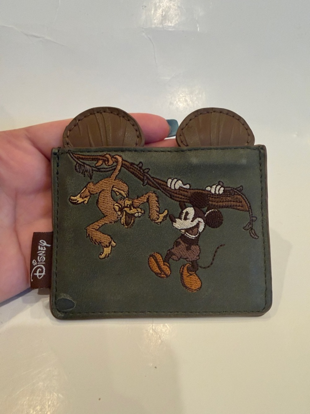 Disney Loungefly Olive Green Mickey & Pluto Embroidered Card Case Minor Wear